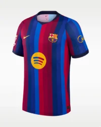 FC Barcelona 2026/27 Home Jersey | Authentic Football Kits Rwanda Front view of the official FC Barcelona 2026/27 home jersey featuring multi-tone red and blue vertical stripes, gold Nike Swoosh, and yellow Spotify logo — Authentic Football Kits Rwanda.