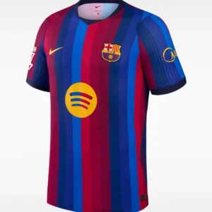 Front view of the official FC Barcelona 2026/27 home jersey featuring multi-tone red and blue vertical stripes, gold Nike Swoosh, and yellow Spotify logo — Authentic Football Kits Rwanda.