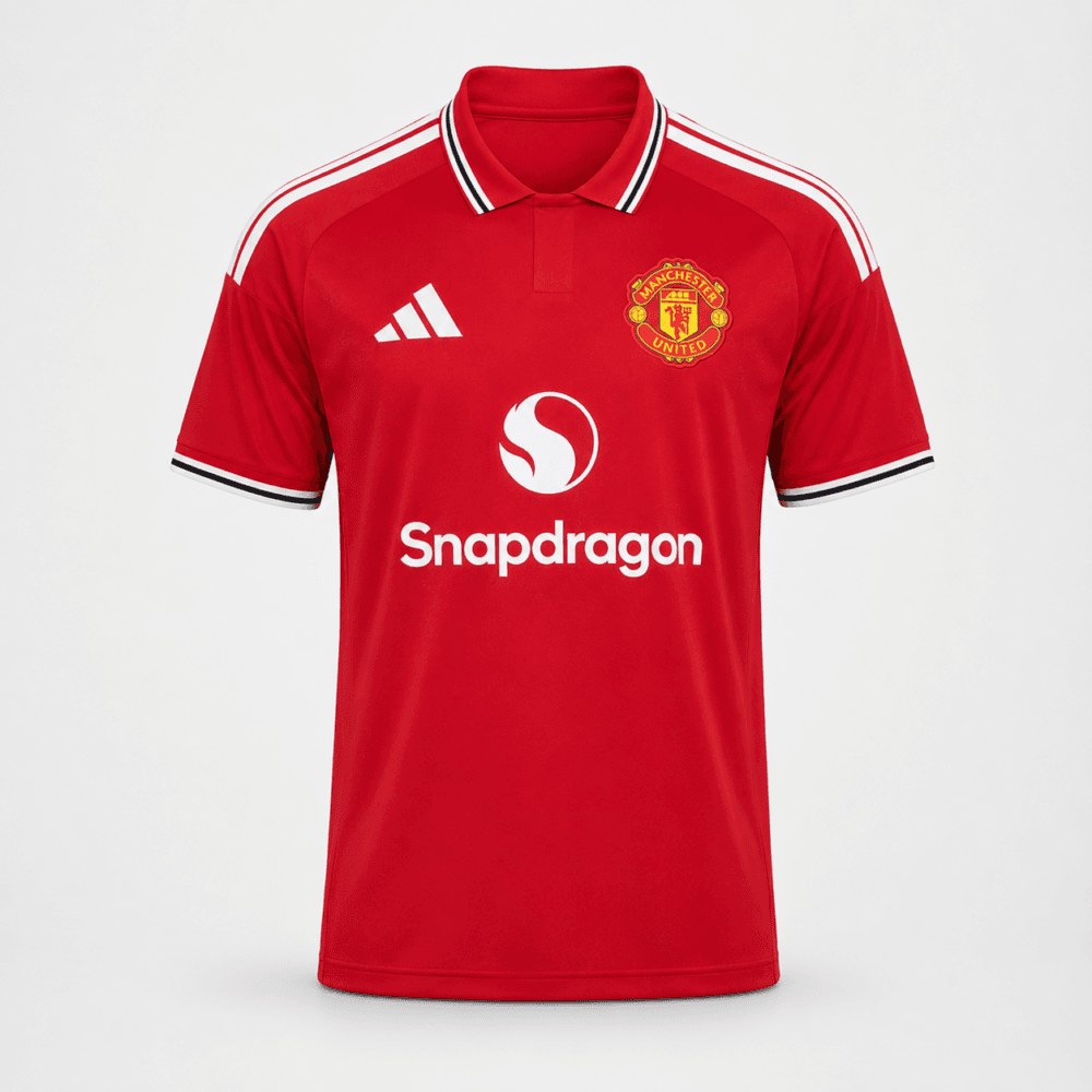 Front view of the official Manchester United 2026/27 home jersey in red with a retro white polo collar, adidas logo, and Snapdragon sponsor — Authentic Football Kits Rwanda.