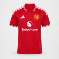 Manchester United 2026/27 Home Jersey | Authentic Football Kits Rwanda Front view of the official Manchester United 2026/27 home jersey in red with a retro white polo collar, adidas logo, and Snapdragon sponsor — Authentic Football Kits Rwanda.