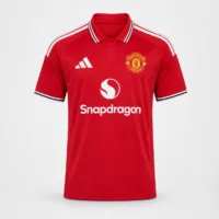 Manchester United 2026/27 Home Jersey | Authentic Football Kits Rwanda Front view of the official Manchester United 2026/27 home jersey in red with a retro white polo collar, adidas logo, and Snapdragon sponsor — Authentic Football Kits Rwanda.