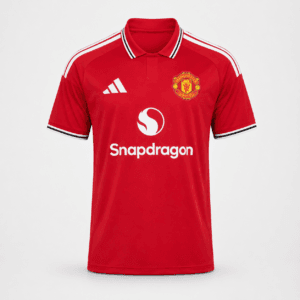 Front view of the official Manchester United 2026/27 home jersey in red with a retro white polo collar, adidas logo, and Snapdragon sponsor — Authentic Football Kits Rwanda.