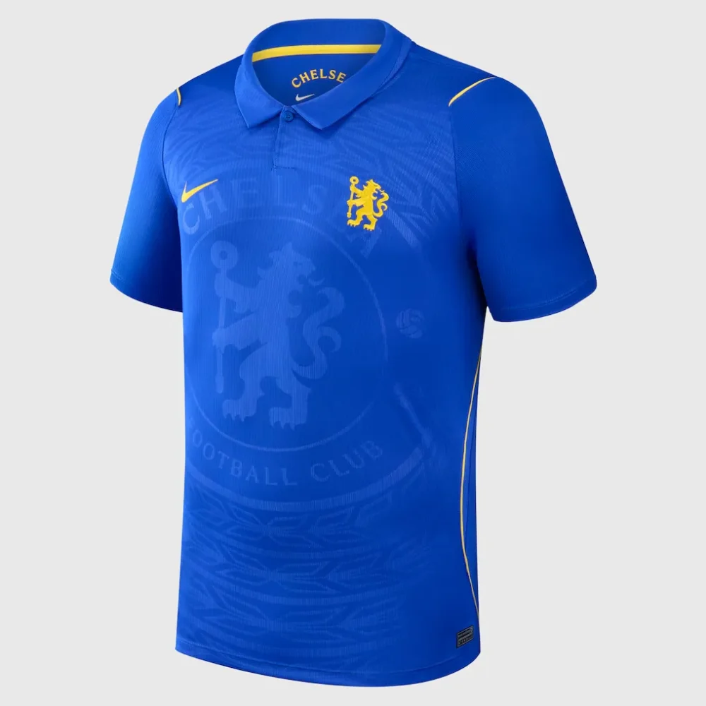 Chelsea FC 2026/27 Home Jersey | Authentic Football Kits Rwanda Front angled view of the official Chelsea FC 2026/27 home jersey in royal blue with polo collar, yellow lion crest, and gold Nike logo — Authentic Football Kits Rwanda.