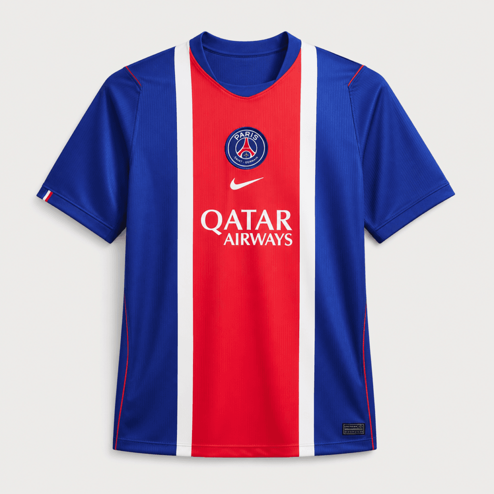 Front view of the official Paris Saint-Germain 2026/27 home jersey in navy blue with central red and white Hechter stripe, centered Nike logo, and Qatar Airways sponsor — Authentic Football Kits Rwanda.