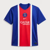 Paris Saint-Germain 2026/27 Home Jersey — Authentic Men's Football Kits Rwanda Front view of the official Paris Saint-Germain 2026/27 home jersey in navy blue with central red and white Hechter stripe, centered Nike logo, and Qatar Airways sponsor — Authentic Football Kits Rwanda.