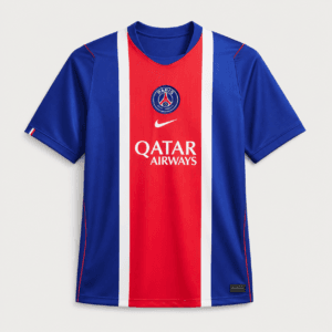 Front view of the official Paris Saint-Germain 2026/27 home jersey in navy blue with central red and white Hechter stripe, centered Nike logo, and Qatar Airways sponsor — Authentic Football Kits Rwanda.