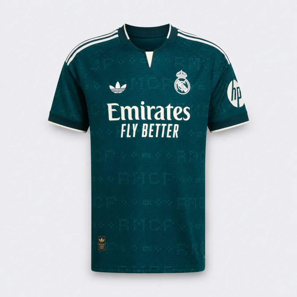 Front laydown view of the official Real Madrid CF 2026/27 third jersey in emerald green with adidas Trefoil logo, RMCF monogram pattern, and white crest — Authentic Football Kits Rwanda.