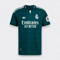 Real Madrid CF 2026/27 Third Jersey | Authentic Football Kits Rwanda Front laydown view of the official Real Madrid CF 2026/27 third jersey in emerald green with adidas Trefoil logo, RMCF monogram pattern, and white crest — Authentic Football Kits Rwanda.