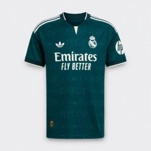 Front laydown view of the official Real Madrid CF 2026/27 third jersey in emerald green with adidas Trefoil logo, RMCF monogram pattern, and white crest — Authentic Football Kits Rwanda.