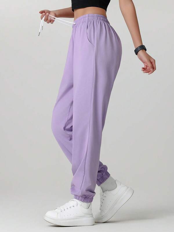 Women’s Jogger Pants – Solid Color Elastic Waist Sports Trousers with Pockets