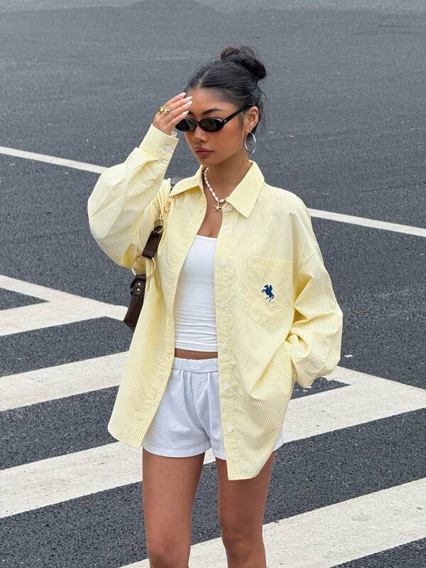 Yellow Embroidered Striped Blouse Shirt