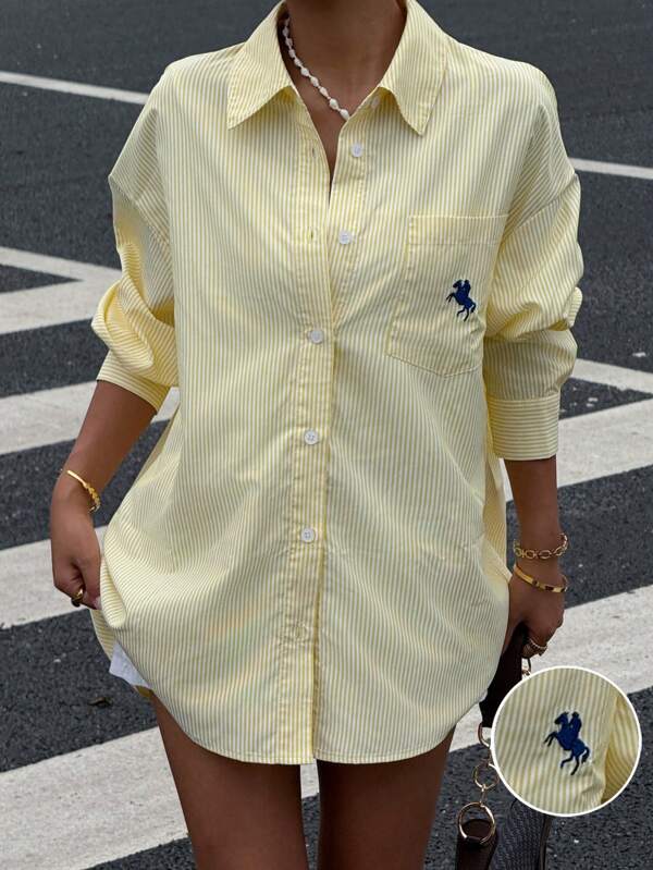 Yellow Embroidered Striped Blouse Shirt