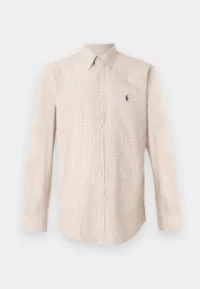 Beige b Polo Ralph Lauren men's button-down gingham check pattern shirt – classic casual wear