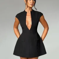Women’s Black Mini Dress – Elegant Sleeveless Deep V Neck Party