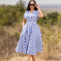 Women’s Long Stripe Dress  – Elegant V-Neck Office & Party Gown