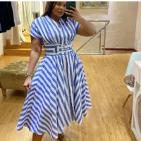 SnapInsta.to_538905473_18072758951512311_1720597687067820706_n Women’s Long Stripe Dress – Elegant V-Neck Office & Party Gown