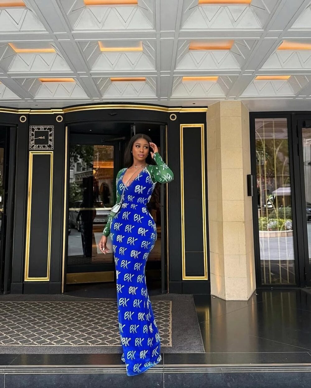 Women’s Long Stripe Dress – Elegant Deep V-Neck Puff Sleeve High Waist A-Line Office & Party Gown