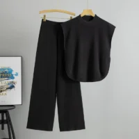 main-image-0000 Women’s Casual 2-Piece Set – Sleeveless Knit Shirt & Wide-Leg Pants