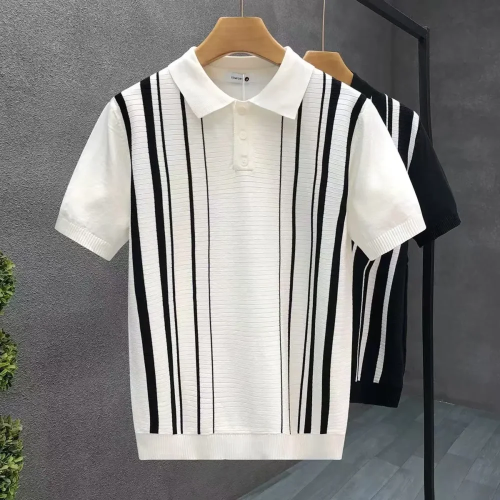 Men’s white polo shirt with vertical brown and black stripes, short sleeves, and textured knit design