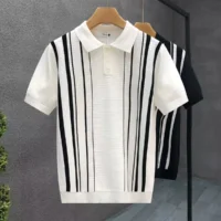 main-image-4kkkkkkkk Men’s white polo shirt with vertical brown and black stripes, short sleeves, and textured knit design