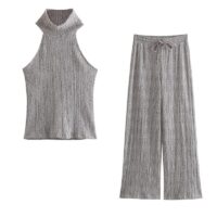 Women New Fashion 2 Piece Suits | Knitting Vest Top + Female Draw String Straight High Street Long Pants