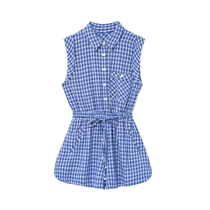 Casual Women’s Blue Plaid Sleeveless Jumpsuit – Holiday Outfit
