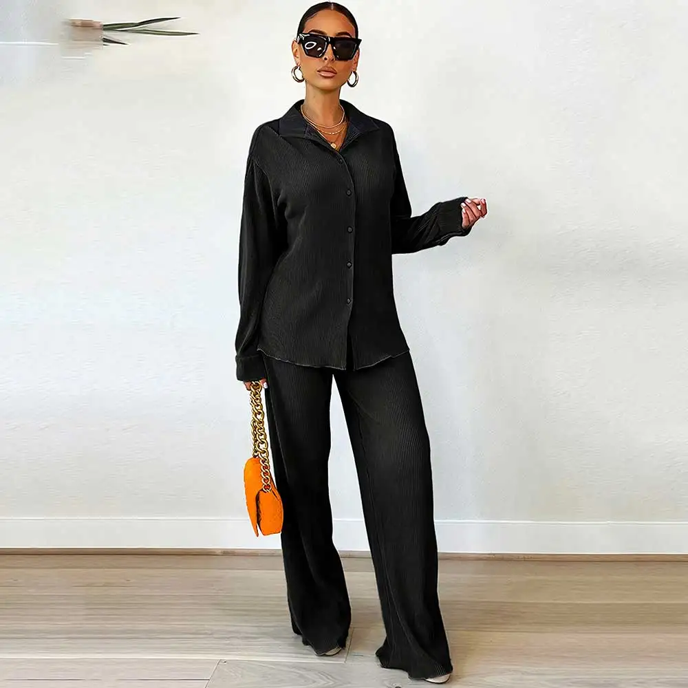 Women Set Jumpsuit  Shirt Blouse Top Long Wide Leg Palazzo Pants