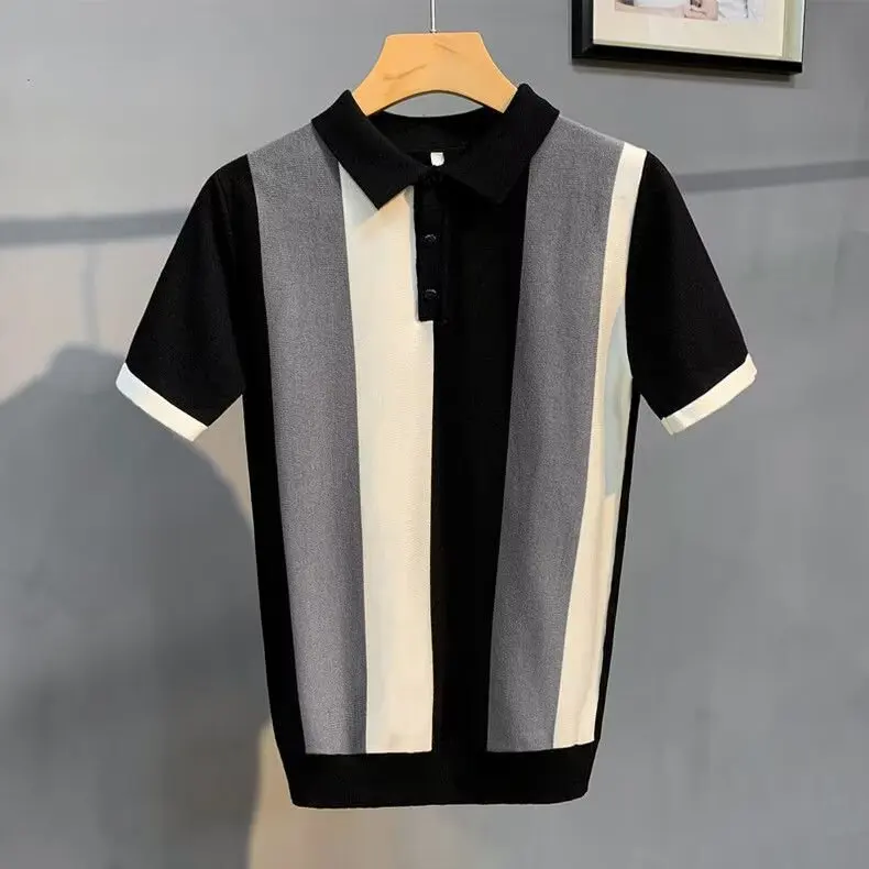 Men’s black striped polo shirt with vertical grey and white stripes, short sleeves, and buttoned collar