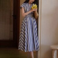 Women’s Long Stripe Dress  – Elegant V-Neck Office & Party Gown