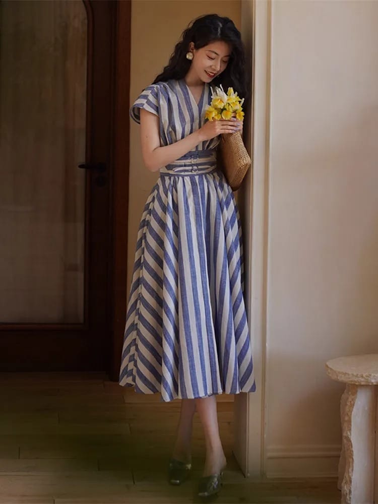 Women’s Long Stripe Dress  – Elegant V-Neck Office & Party Gown