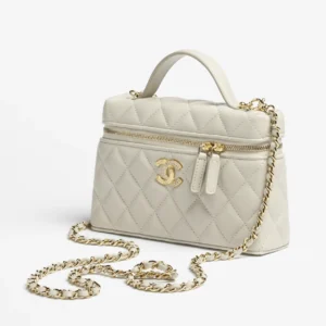Chanel Small Vanity Case in cream quilted leather with gold CC logo and chain strap