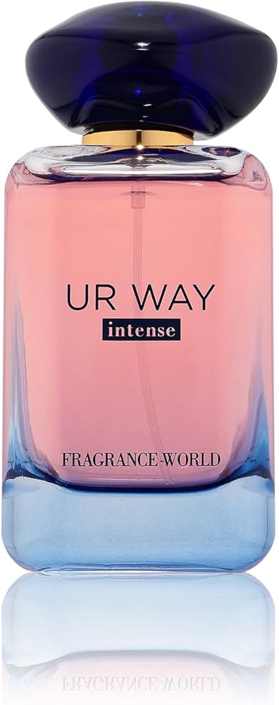 UR WAY Intense Eau de Parfum Fragrance World bottle and packaging with gradient pink‑blue design and elegant dark cap