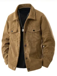 Corduroy Button‑Up Jacket With Chest Pockets Corduroy Button‑Up Jacket With Chest Pockets in ribbed fabric, versatile outerwear design with flap pockets and button closure