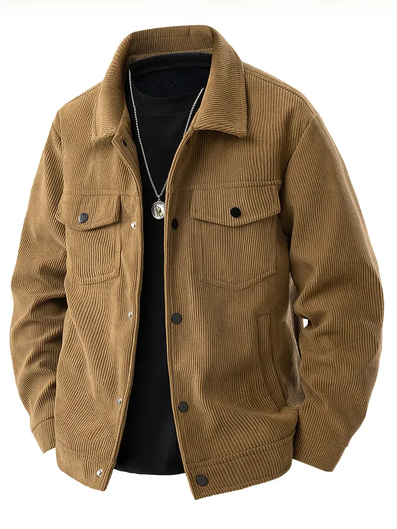 Corduroy Button‑Up Jacket With Chest Pockets in ribbed fabric, versatile outerwear design with flap pockets and button closure