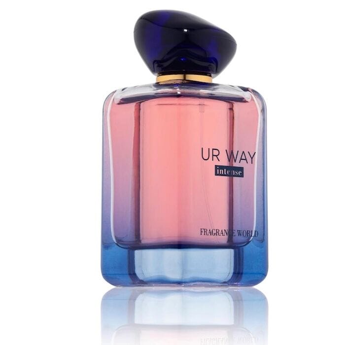 UR WAY Intense Eau de Parfum Fragrance World bottle and packaging with gradient pink‑blue design and elegant dark cap