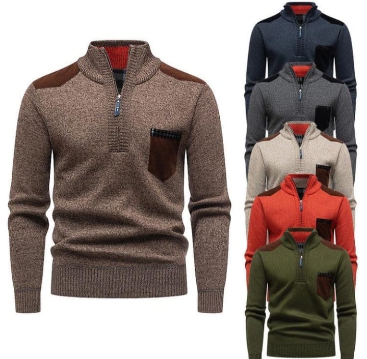 Men’s brown quarter zip sweater Kigali slim fit knit pullover