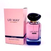 UR WAY Intense Eau de Parfum Fragrance World bottle and packaging with gradient pink‑blue design and elegant dark cap