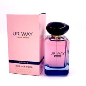 UR WAY Intense Eau de Parfum Fragrance World bottle and packaging with gradient pink‑blue design and elegant dark cap