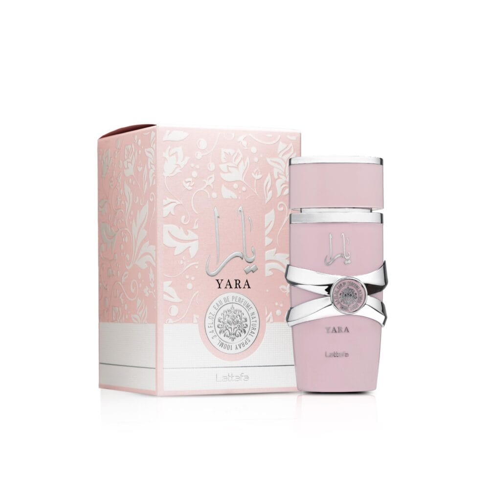 Yara Eau de Parfum by Lattafa, pink bottle with silver accents, elegant feminine fragrance