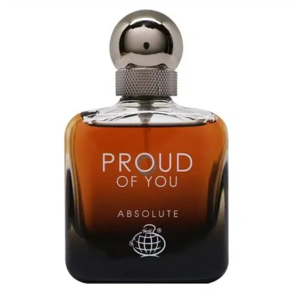 Proud of You Absolute Eau de Parfum bottle and packaging, gradient amber‑black design, bold men’s fragrance
