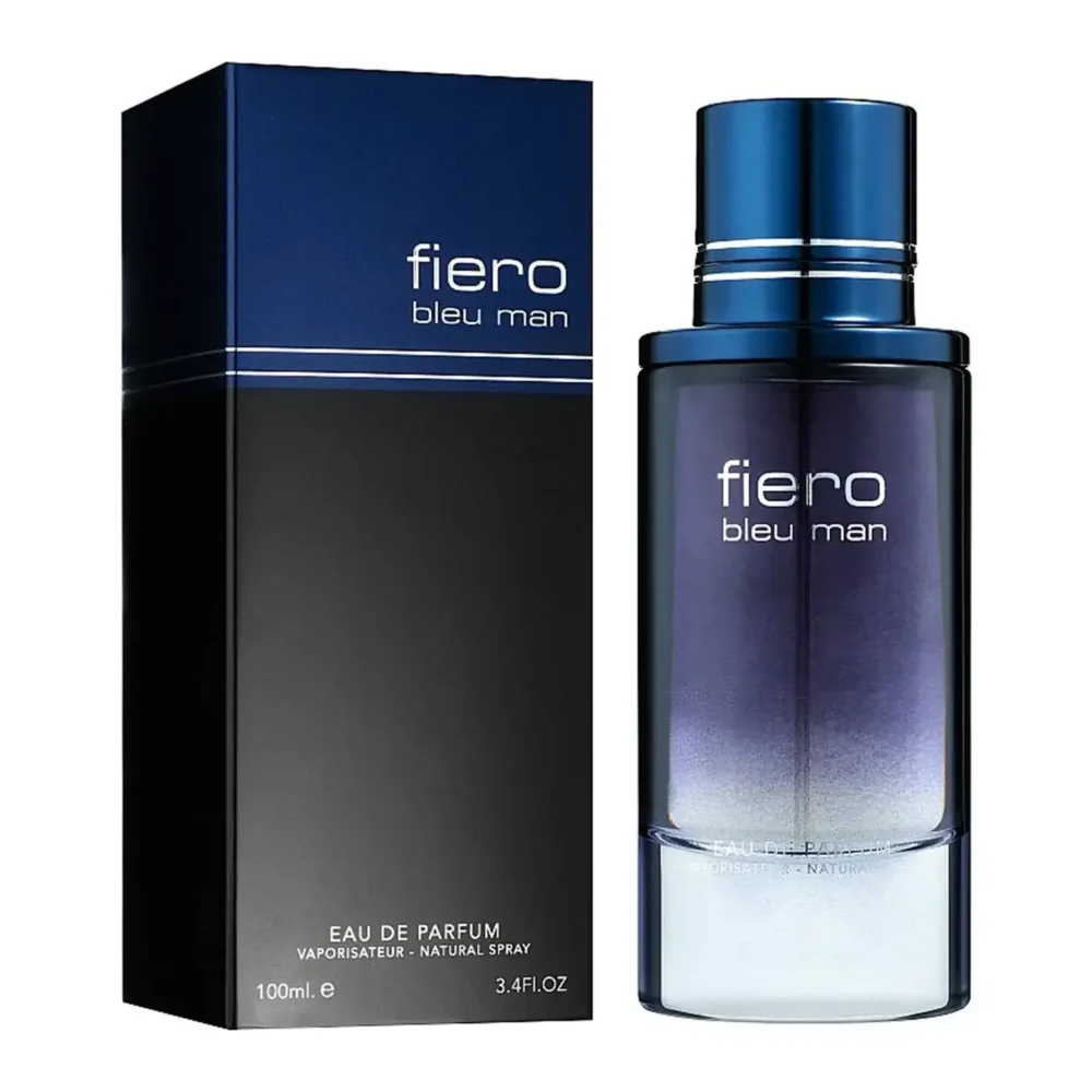 Fiero Bleu Man Eau de Parfum bottle and packaging, sleek gradient design, modern men’s fragrance