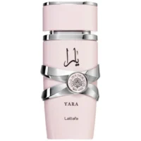 Yara Eau de Parfum by Lattafa, pink bottle with silver accents, elegant feminine fragrance