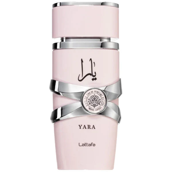 Yara Eau de Parfum by Lattafa, pink bottle with silver accents, elegant feminine fragrance