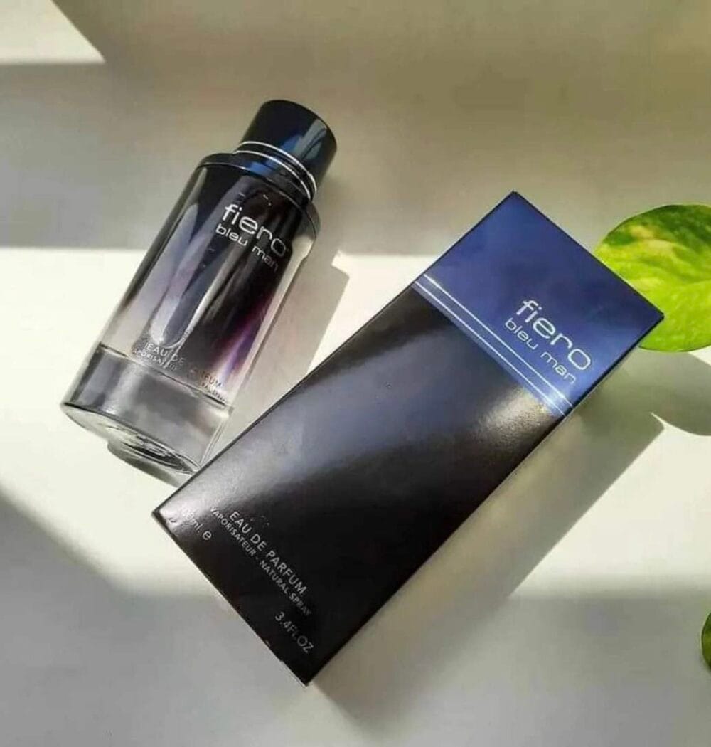 Fiero Bleu Man Eau de Parfum bottle and packaging, sleek gradient design, modern men’s fragrance