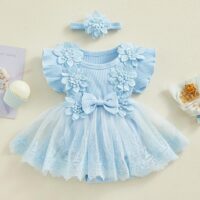 Baby girl cream lace dress set with floral appliqués, lace detailing, embroidered skirt overlay, and matching headband, displayed for catalog