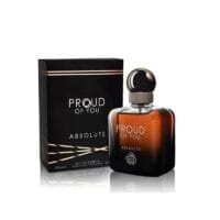 Proud of You Absolute Eau de Parfum bottle and packaging, gradient amber‑black design, bold men’s fragrance