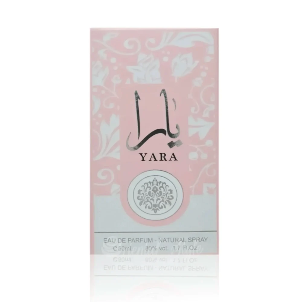Yara Eau de Parfum by Lattafa, pink bottle with silver accents, elegant feminine fragrance