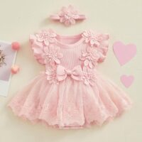 Baby girl cream lace dress set with floral appliqués, lace detailing, embroidered skirt overlay, and matching headband, displayed for catalog