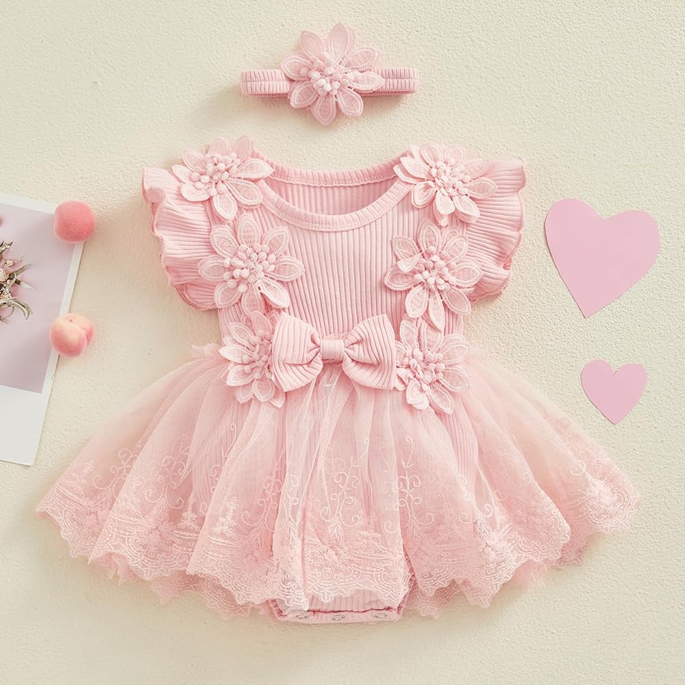 Baby girl cream lace dress set with floral appliqués, lace detailing, embroidered skirt overlay, and matching headband, displayed for catalog