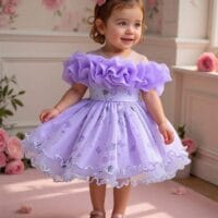 Girls elegant princess dress lavender with ruffled sleeves, layered tulle skirt, and decorative back bow, displayed for catalog